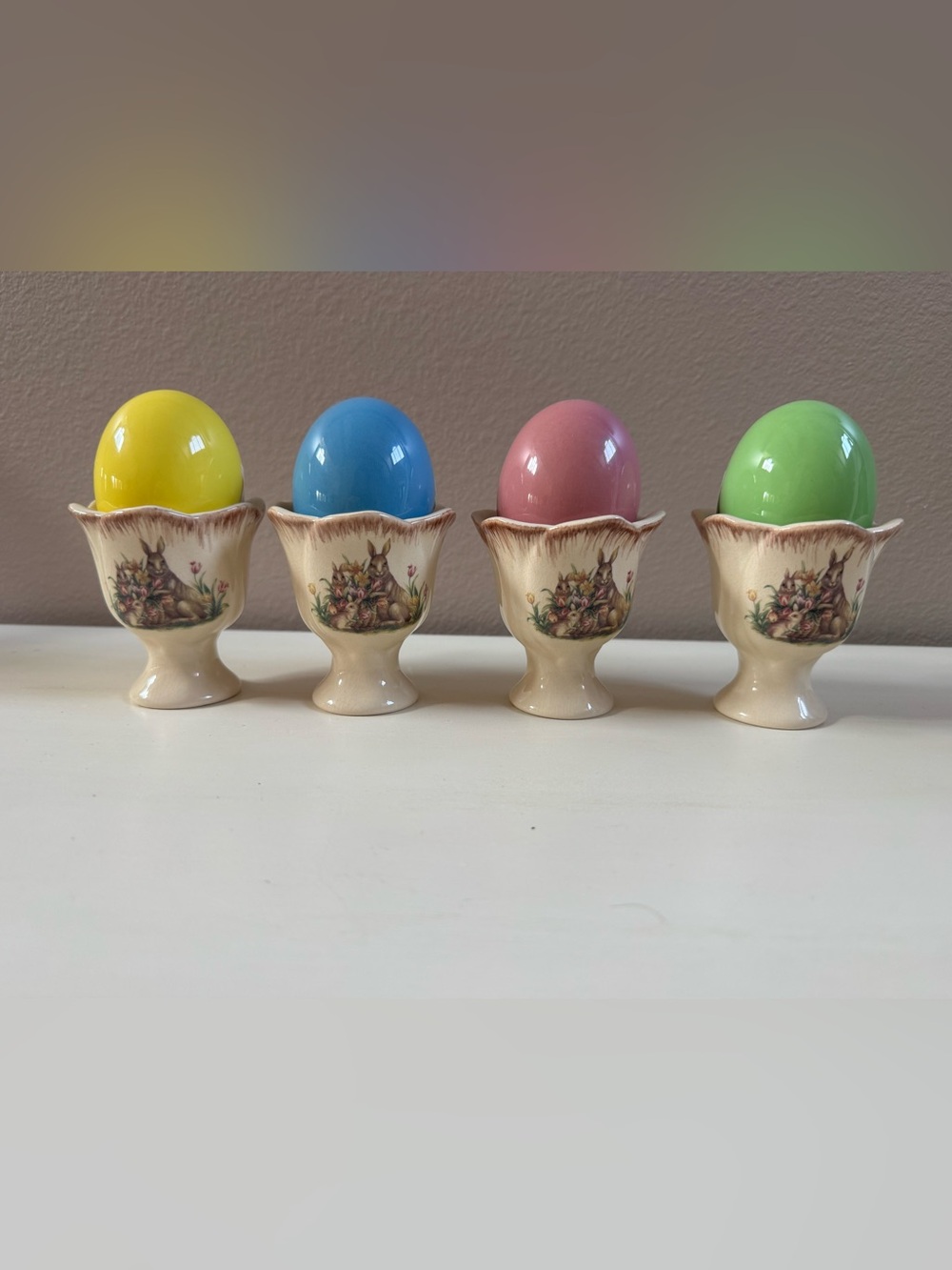Decorative Ceramic Egg Cups with Pastel Eggs - Yellow, Blue, Pink, Green
